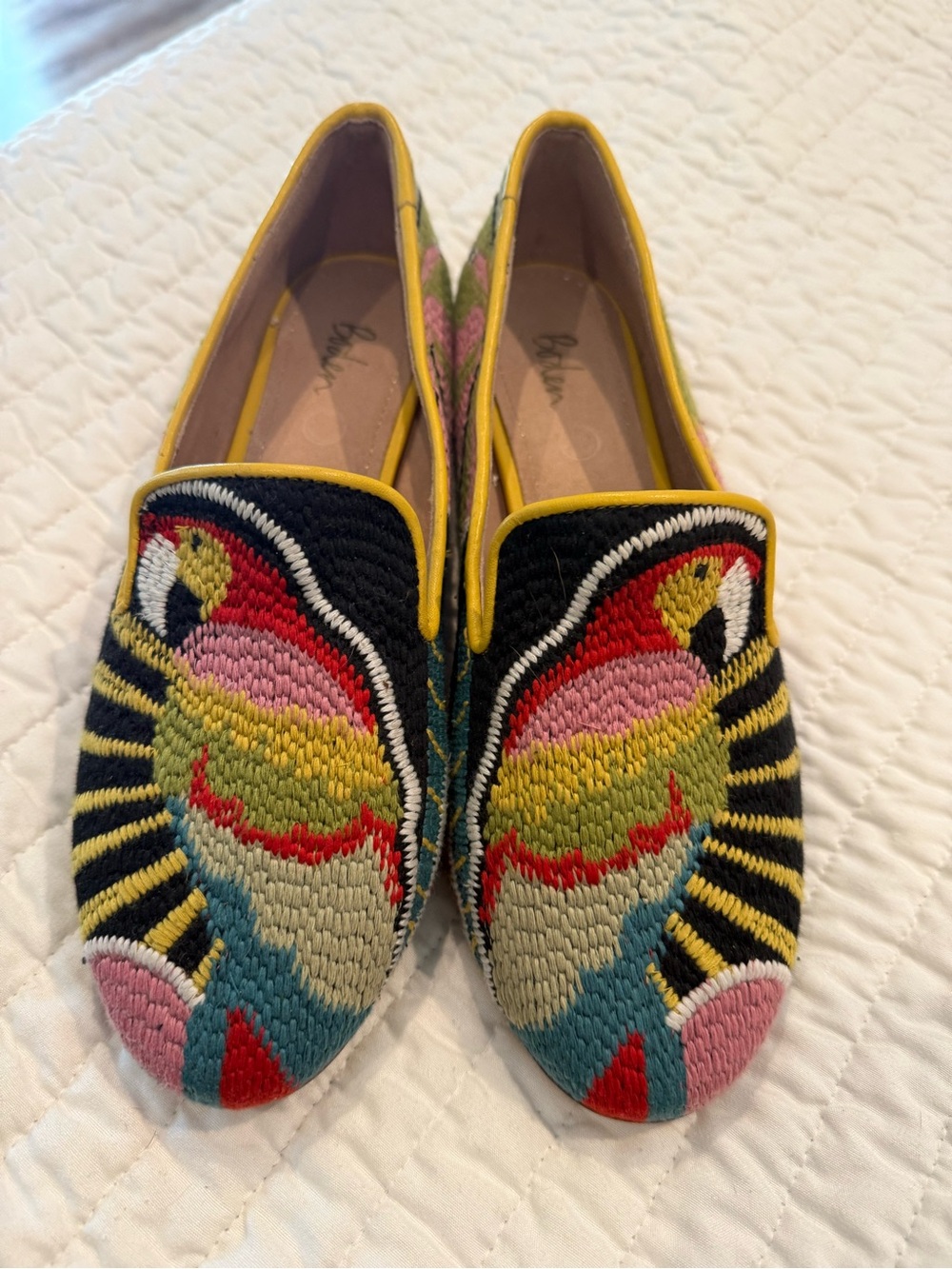 Boden Colorful Embroidered Parrot Loafers with Yellow Leather Trim